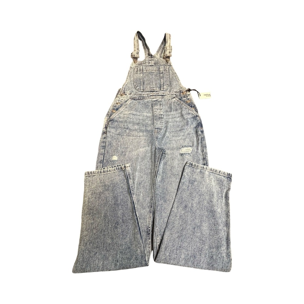 Refuge Denim Overalls Womens S Light Acid Wash Distressed Wide Leg Boho